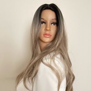 pale ash blonde wig long side layer black roots 24 inch NWT